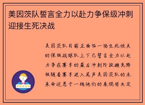 美因茨队誓言全力以赴力争保级冲刺迎接生死决战